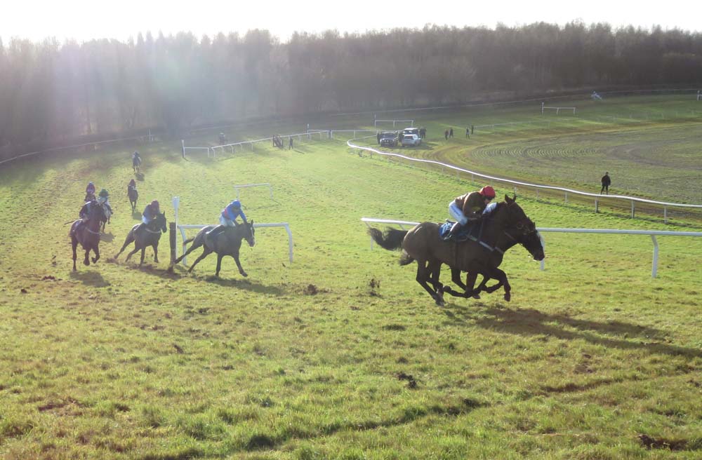 Winter sun: The Dellercheckout (nearest camera) edges ahead coming into the home straight