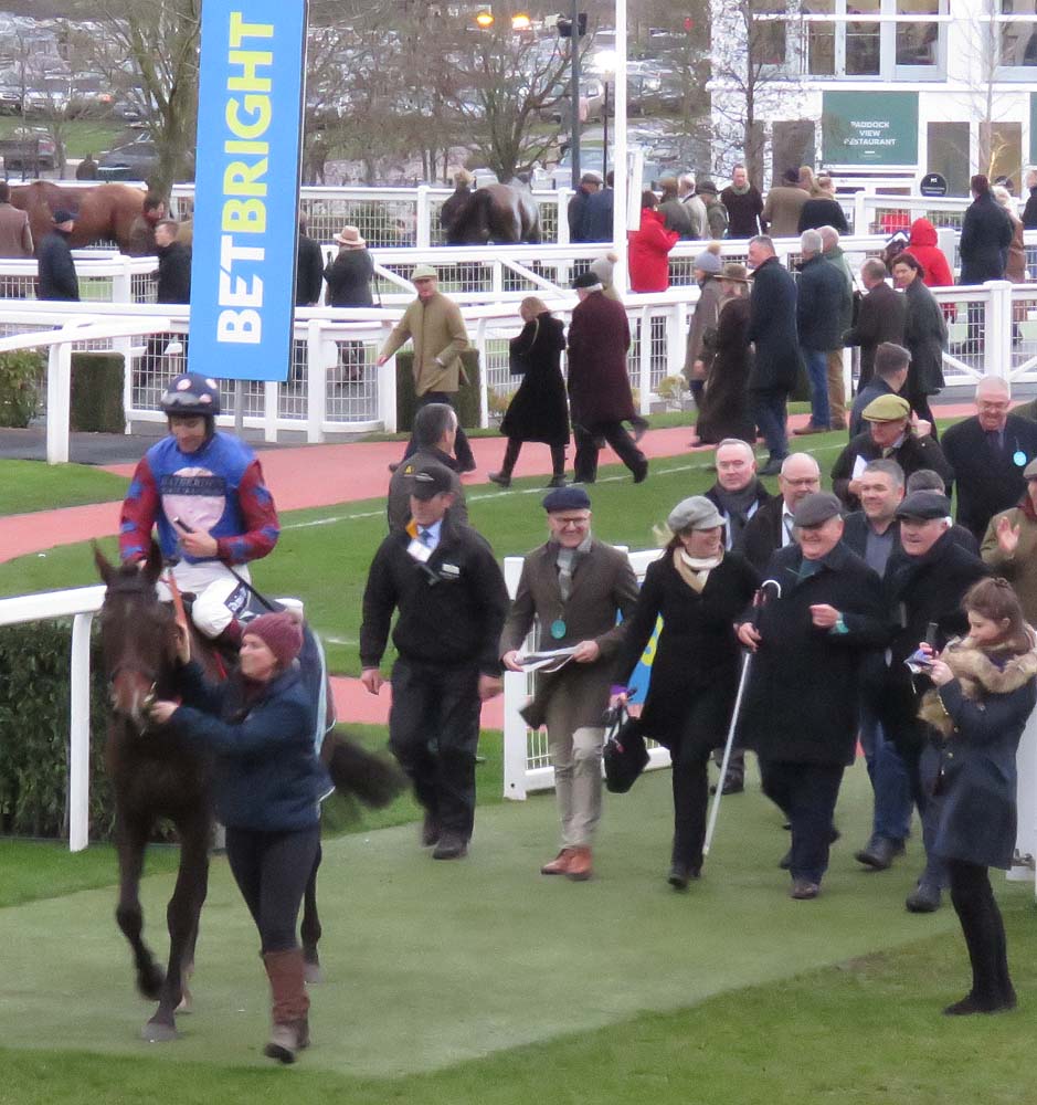 Paisley Park & Aidan Coleman enter the winner's enclosure - behind them Emma Lavelle & Andrew Gemmell