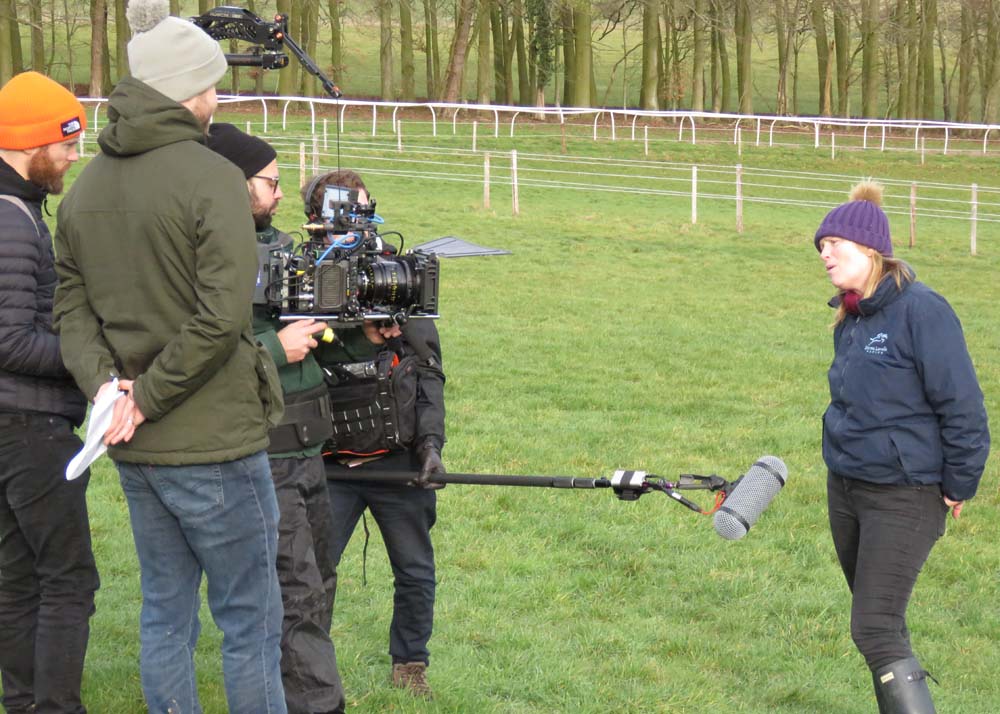 Emma Lavelle by the all weather gallop with the bet365 camera crew