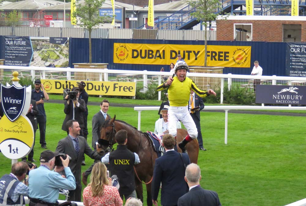 Frankie's flying dismount after winning the 2018 Greenham Stakes with James Garfield