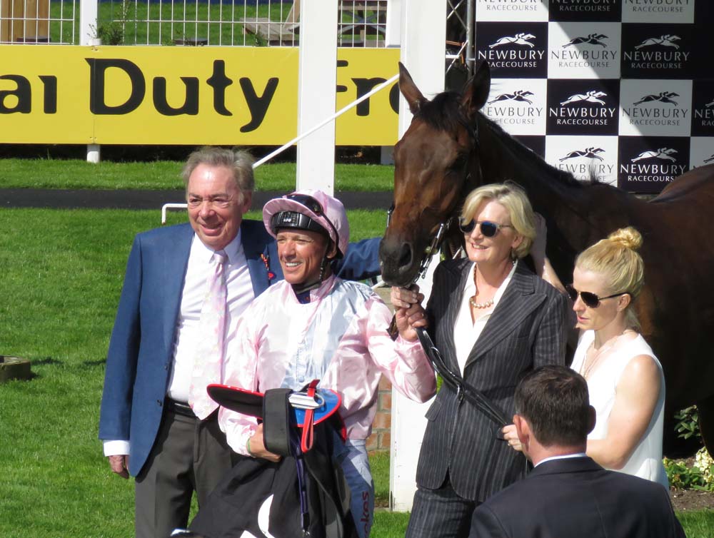 Newbury's 2018 Dubai Duty Free Spring Trials: Lord & Lady Lloyd Webber with Lah Ti Dah winner of the BJP Maiden Fillies' Stakes - & Frankie Dettori