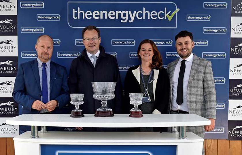 Right to left: Liam Adams (The Energy Check), Lara Johnston (Newbury's Sponsorship Manager), Julian Thick (CEO, Newbury Racecourse), Ian Sinclair (The Energy Check)