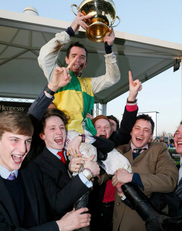 Leighton Aspell with fans & Cup (photo courtesy Newbury Racecourse)