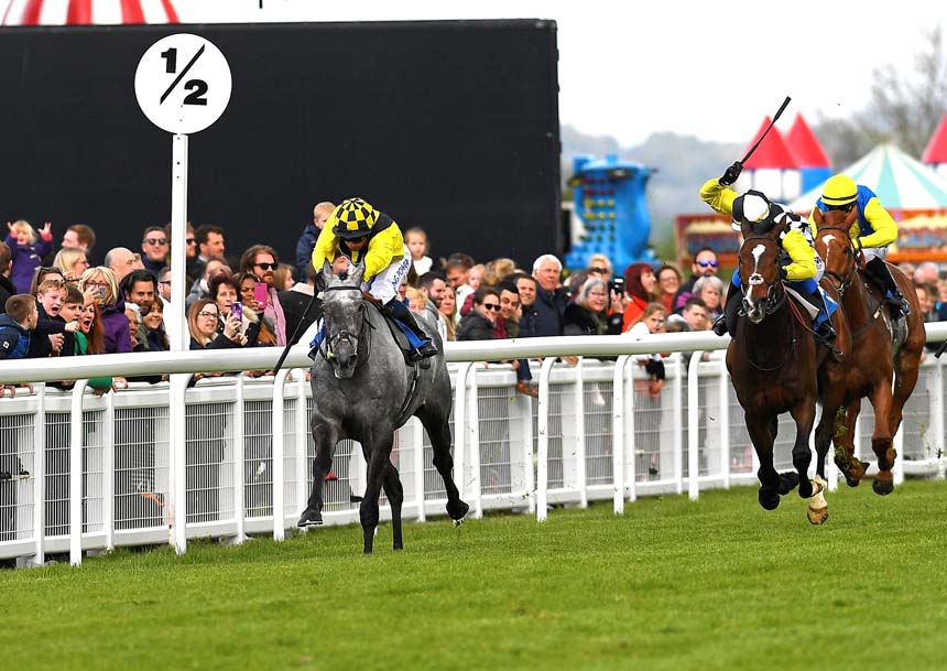 The grey Gumball under Silvestre De Sousa on his way to victory in the Byerley Stud 'City Bowl' Handicap (Photo: Denis Murphy - official photographer)